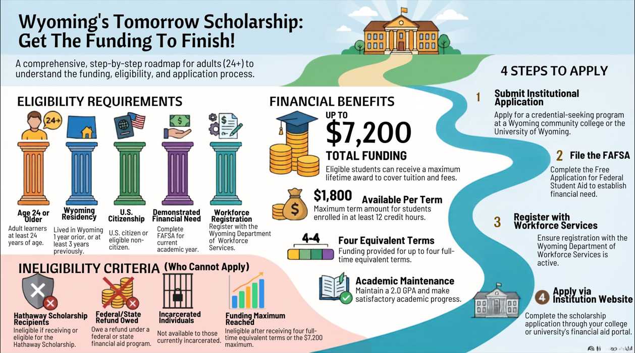 Infographic of roadmap for funding, eligibility, and application process for Wyoming's Tomorrow Scholarship